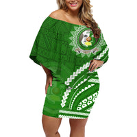 Liahona High School Family Matching Off Shoulder Short Dress and Hawaiian Shirt Ngatu and Polynesian Pattern LT03 Mom's Dress Green - Polynesian Pride