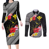 Aloha Hawaii Hibiscus and Plumeria Flowers Couples Matching Long Sleeve Bodycon Dress and Long Sleeve Button Shirt Kanaka Maoli Tattoo Polynesian Pattern