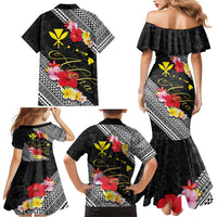 Aloha Hawaii Hibiscus and Plumeria Flowers Family Matching Mermaid Dress and Hawaiian Shirt Kanaka Maoli Tattoo Polynesian Pattern