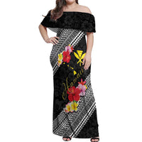 Aloha Hawaii Hibiscus and Plumeria Flowers Off Shoulder Maxi Dress Kanaka Maoli Tattoo Polynesian Pattern