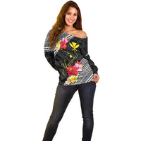 Aloha Hawaii Hibiscus and Plumeria Flowers Off Shoulder Sweater Kanaka Maoli Tattoo Polynesian Pattern
