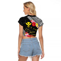 Aloha Hawaii Hibiscus and Plumeria Flowers Raglan Cropped T Shirt Kanaka Maoli Tattoo Polynesian Pattern