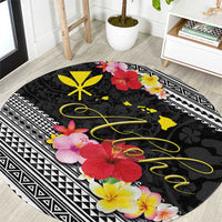 Aloha Hawaii Hibiscus and Plumeria Flowers Round Carpet Kanaka Maoli Tattoo Polynesian Pattern LT03 Black - Polynesian Pride