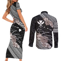 Aloha Hawaii Hibiscus and Plumeria Flowers Couples Matching Short Sleeve Bodycon Dress and Long Sleeve Button Shirt Kanaka Maoli Tattoo Polynesian Pattern Gray Color