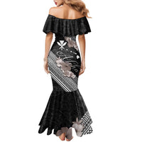 Aloha Hawaii Hibiscus and Plumeria Flowers Family Matching Mermaid Dress and Hawaiian Shirt Kanaka Maoli Tattoo Polynesian Pattern Gray Color