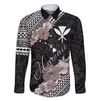 Aloha Hawaii Hibiscus and Plumeria Flowers Family Matching Off The Shoulder Long Sleeve Dress and Hawaiian Shirt Kanaka Maoli Tattoo Polynesian Pattern Gray Color