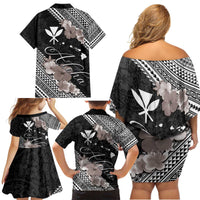 Aloha Hawaii Hibiscus and Plumeria Flowers Family Matching Off Shoulder Short Dress and Hawaiian Shirt Kanaka Maoli Tattoo Polynesian Pattern Gray Color