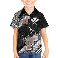 Aloha Hawaii Hibiscus and Plumeria Flowers Family Matching Off Shoulder Short Dress and Hawaiian Shirt Kanaka Maoli Tattoo Polynesian Pattern Gray Color