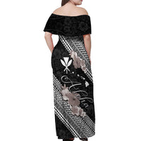 Aloha Hawaii Hibiscus and Plumeria Flowers Off Shoulder Maxi Dress Kanaka Maoli Tattoo Polynesian Pattern Gray Color