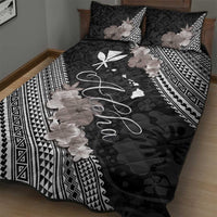 Aloha Hawaii Hibiscus and Plumeria Flowers Quilt Bed Set Kanaka Maoli Tattoo Polynesian Pattern Gray Color