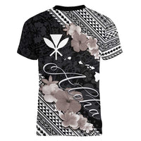 Aloha Hawaii Hibiscus and Plumeria Flowers Women V-Neck T-Shirt Kanaka Maoli Tattoo Polynesian Pattern Gray Color