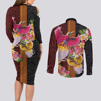 Papua New Guinea Birds and Frangipani Couples Matching Long Sleeve Bodycon Dress and Long Sleeve Button Shirt Melanesian Art Tattoos - Polynesian Pride