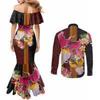 Papua New Guinea Birds and Frangipani Couples Matching Mermaid Dress and Long Sleeve Button Shirt Melanesian Art Tattoos - Polynesian Pride