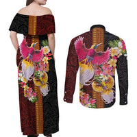 Papua New Guinea Birds and Frangipani Couples Matching Off Shoulder Maxi Dress and Long Sleeve Button Shirt Melanesian Art Tattoos - Polynesian Pride