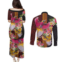 Papua New Guinea Birds and Frangipani Couples Matching Puletasi and Long Sleeve Button Shirt Melanesian Art Tattoos - Polynesian Pride