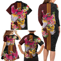 Papua New Guinea Birds and Frangipani Family Matching Long Sleeve Bodycon Dress and Hawaiian Shirt Melanesian Art Tattoos - Polynesian Pride