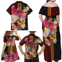 Papua New Guinea Birds and Frangipani Family Matching Off Shoulder Maxi Dress and Hawaiian Shirt Melanesian Art Tattoos - Polynesian Pride