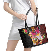 Papua New Guinea Birds and Frangipani Leather Tote Bag Melanesian Art Tattoos - Polynesian Pride