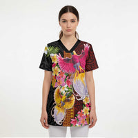 Papua New Guinea Birds and Frangipani Scrub Top Melanesian Art Tattoos - Polynesian Pride