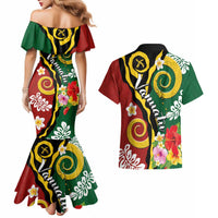 Melanesian Vanuatu Tribal Boar Tusk Couples Matching Mermaid Dress and Hawaiian Shirt Tropical Plants and Namele Motifs - Polynesian Pride