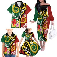 Melanesian Vanuatu Tribal Boar Tusk Family Matching Off The Shoulder Long Sleeve Dress and Hawaiian Shirt Tropical Plants and Namele Motifs - Polynesian Pride