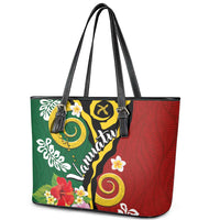 Melanesian Vanuatu Tribal Boar Tusk Leather Tote Bag Tropical Plants and Namele Motifs - Polynesian Pride
