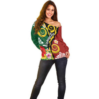 Melanesian Vanuatu Tribal Boar Tusk Off Shoulder Sweater Tropical Plants and Namele Motifs - Polynesian Pride