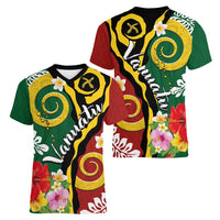 Melanesian Vanuatu Tribal Boar Tusk Women V-Neck T-Shirt Tropical Plants and Namele Motifs - Polynesian Pride