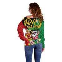 Vanuatu Christmas Off Shoulder Sweater Funny Santa with Namele and Boar Tusk Tribal - Polynesian Pride