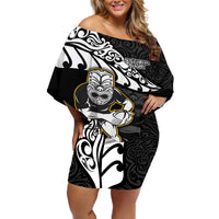 New Zealand Rugby Off Shoulder Short Dress Maori Warrior Rugby Silver Fern Tribal Pattern LT03 Women Black - Polynesian Pride