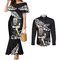 Custom New Zealand Rugby Couples Matching Mermaid Dress and Long Sleeve Button Shirts Maori Warrior Rugby Silver Fern Tribal Pattern LT03 Black - Polynesian Pride