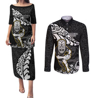 Custom New Zealand Rugby Couples Matching Puletasi Dress and Long Sleeve Button Shirts Maori Warrior Rugby Silver Fern Tribal Pattern LT03 Black - Polynesian Pride