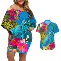 Polynesian Couples Matching Off Shoulder Short Dress and Hawaiian Shirt The Turtle Jung Flower with Maori Pattern Ethnic Style LT03 Blue - Polynesian Pride