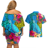 Polynesian Couples Matching Off Shoulder Short Dress and Hawaiian Shirt The Turtle Jung Flower with Maori Pattern Ethnic Style LT03 - Polynesian Pride