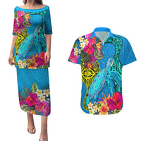 Polynesian Couples Matching Puletasi Dress and Hawaiian Shirt The Turtle Jung Flower with Maori Pattern Ethnic Style LT03 Blue - Polynesian Pride
