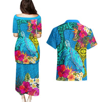 Polynesian Couples Matching Puletasi Dress and Hawaiian Shirt The Turtle Jung Flower with Maori Pattern Ethnic Style LT03 - Polynesian Pride