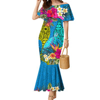 Polynesian Mermaid Dress The Turtle Jung Flower with Maori Pattern Ethnic Style LT03 Women Blue - Polynesian Pride
