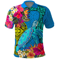 Polynesian Polo Shirt The Turtle Jung Flower with Maori Pattern Ethnic Style LT03 Blue - Polynesian Pride
