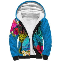 Polynesian Sherpa Hoodie The Turtle Jung Flower with Maori Pattern Ethnic Style LT03 Unisex Blue - Polynesian Pride