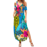 Polynesian Summer Maxi Dress The Turtle Jung Flower with Maori Pattern Ethnic Style LT03 Women Blue - Polynesian Pride