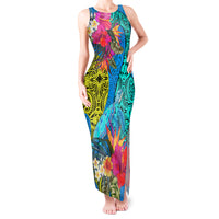 Polynesian Tank Maxi Dress The Turtle Jung Flower with Maori Pattern Ethnic Style LT03 Women Blue - Polynesian Pride