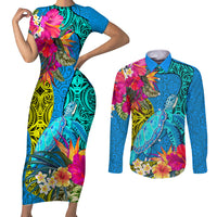 Custom Polynesian Couples Matching Short Sleeve Bodycon Dress and Long Sleeve Button Shirts The Turtle Jung Flower with Maori Pattern Ethnic Style LT03 Blue - Polynesian Pride