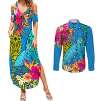 custom-polynesian-couples-matching-summer-maxi-dress-and-long-sleeve-button-shirts-the-turtle-jung-flower-with-maori-pattern-ethnic-style