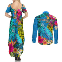 custom-polynesian-couples-matching-summer-maxi-dress-and-long-sleeve-button-shirts-the-turtle-jung-flower-with-maori-pattern-ethnic-style