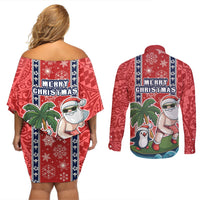 Hawaii Christmas Couples Matching Off Shoulder Short Dress and Long Sleeve Button Shirts The Santa Surfing Hawaii Xmas Style LT03 - Polynesian Pride