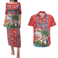 Hawaii Christmas Couples Matching Puletasi Dress and Hawaiian Shirt The Santa Surfing Hawaii Xmas Style LT03 Red - Polynesian Pride