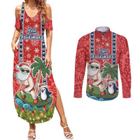 Hawaii Christmas Couples Matching Summer Maxi Dress and Long Sleeve Button Shirts The Santa Surfing Hawaii Xmas Style LT03 Red - Polynesian Pride