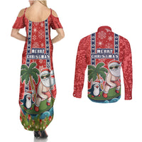 Hawaii Christmas Couples Matching Summer Maxi Dress and Long Sleeve Button Shirts The Santa Surfing Hawaii Xmas Style LT03 - Polynesian Pride