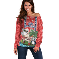 Hawaii Christmas Off Shoulder Sweater The Santa Surfing Hawaii Xmas Style LT03 Women Red - Polynesian Pride