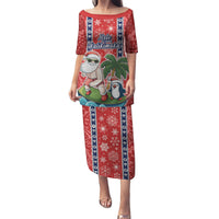 Custom Hawaii Christmas Puletasi The Santa Surfing Hawaii Xmas Style LT03 Long Dress Red - Polynesian Pride